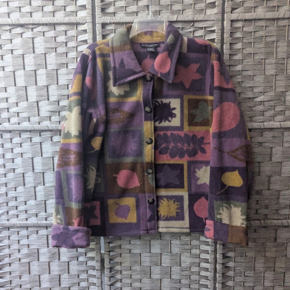 Vtg 90s Fleece Jacket Purple Leaf Patchwork Print Sz L Colorful Fall Festive